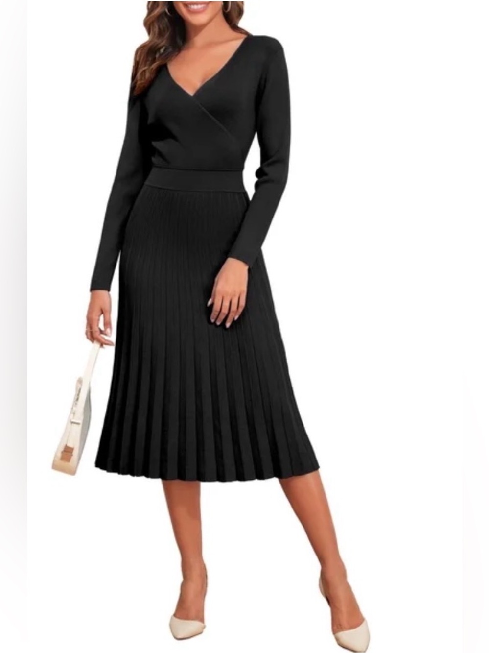 PrettyGuide Women's Wrap Sweater Dress V Neck Long Sleeve Pleated A Line Knit